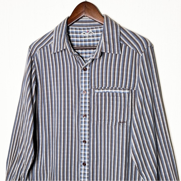 Kavu Mens Striped Brown Blue Logo Outdoor Casual Long Sleeve Buttondown Shirt - Picture 3 of 7